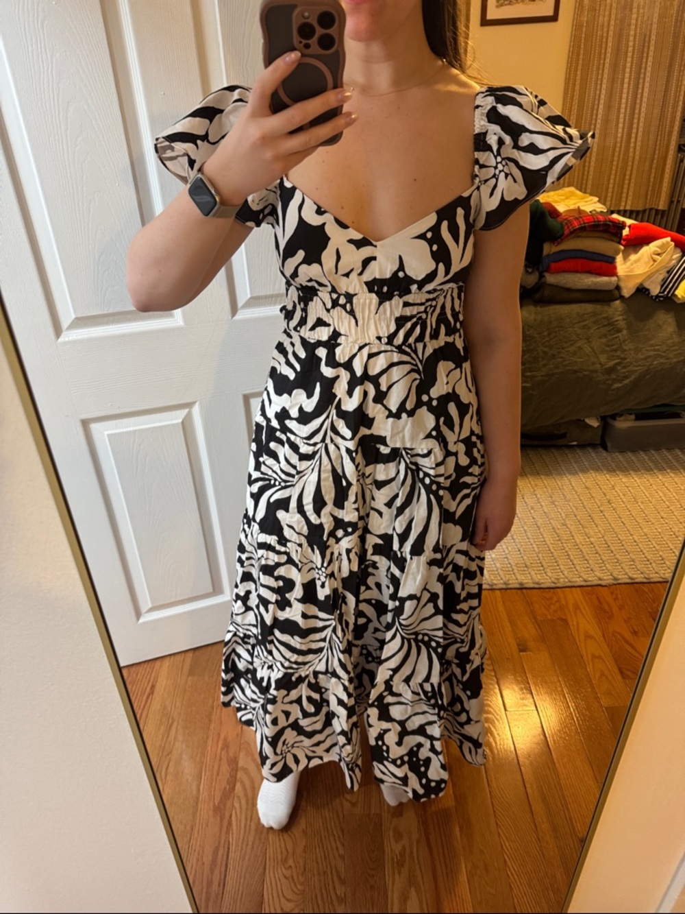 Aqua Black and White Floral Tiered Midi Dress